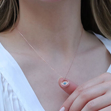 Yuvarlak Göz Modeli Zirkon Taşlı Rose Gold Kaplama Gümüş Kolye