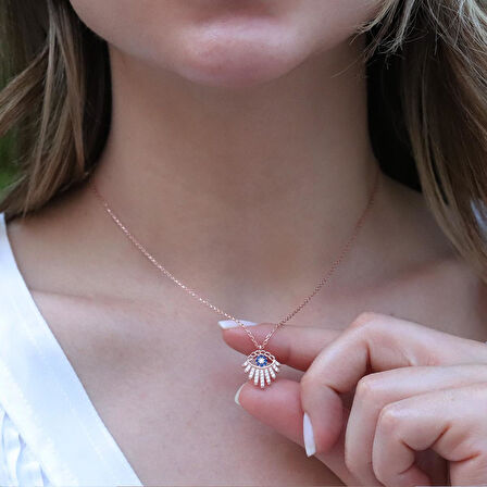 Zirkon Taşlı Göz Modeli Rose Gold Kaplama Gümüş Kolye