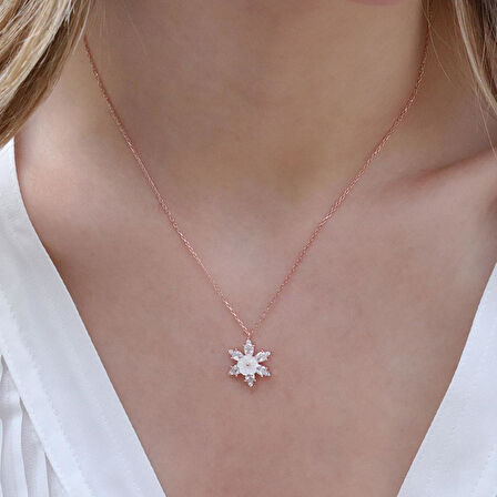 Zirkon Taşlı Çiçek Motifli Rose Gold Kaplama Gümüş Kolye