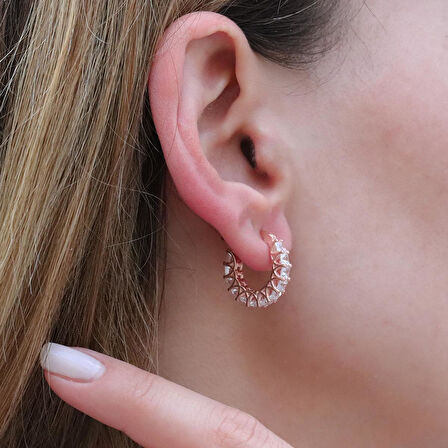 Zirkon Taşlı Rose Gold Kaplama Halka Gümüş Küpe