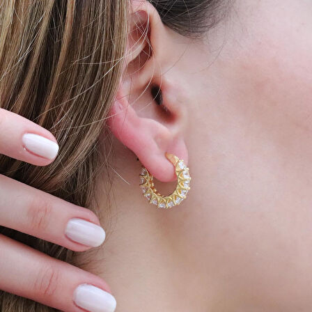 Zirkon Taşlı Gold Kaplama Halka Gümüş Küpe