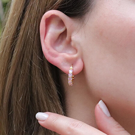Pembe Zirkon Taşlı Gold Kaplama Halka Gümüş Küpe