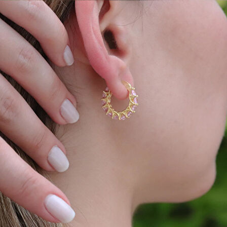 Pembe Zirkon Taşlı Gold Kaplama Halka Gümüş Küpe