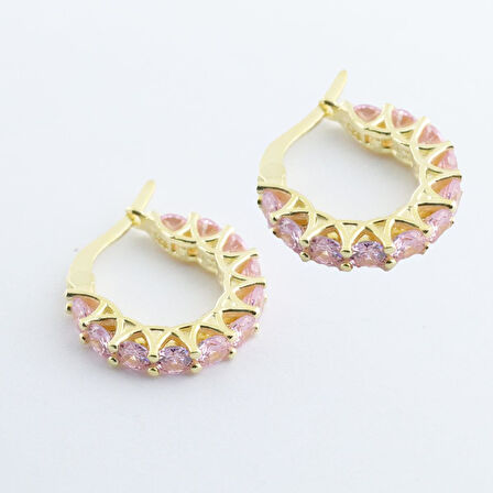 Pembe Zirkon Taşlı Gold Kaplama Halka Gümüş Küpe