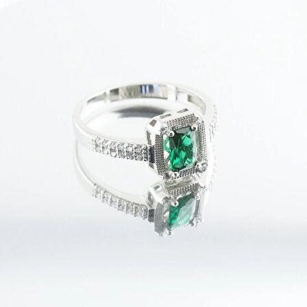 Yeşil Zirkon Taşlı Baget Tek Taş Gümüş Yüzük