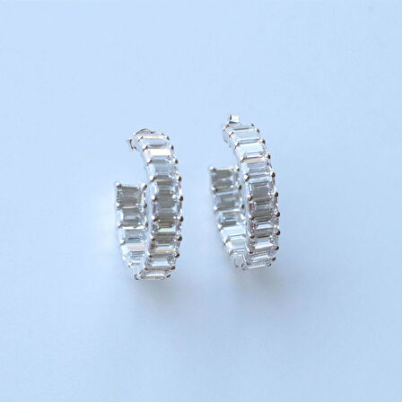 Baget Taşlı Halka Gümüş Küpe