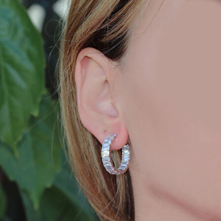 Baget Taşlı Halka Gümüş Küpe