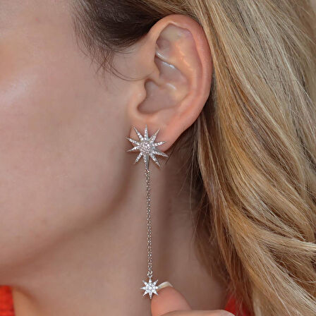 Kutup Yıldızı Zirkon Taşlı Sallantılı Gümüş Küpe