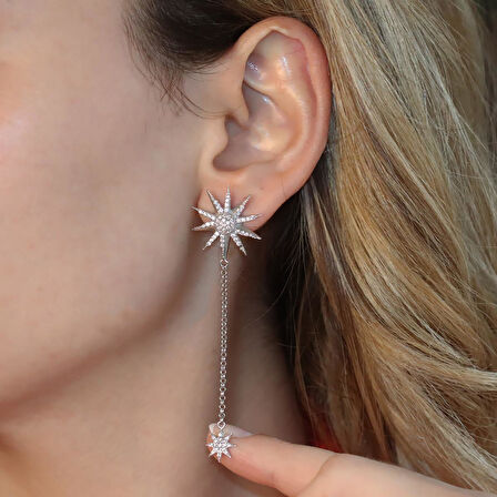 Kutup Yıldızı Zirkon Taşlı Sallantılı Gümüş Küpe