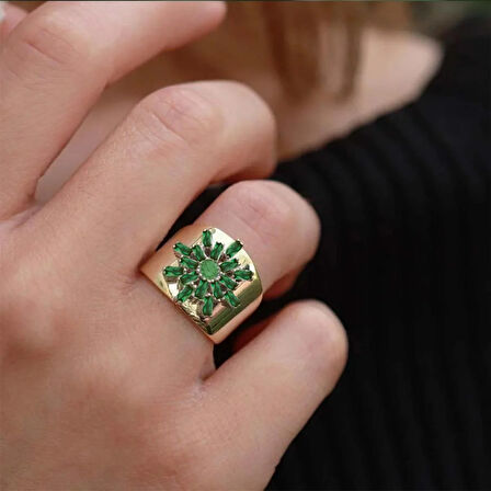 Yeşil Kutup Yıldızı Zirkon Taşlı Gold Kaplama Ayarlanabilir Gümüş Yüzük