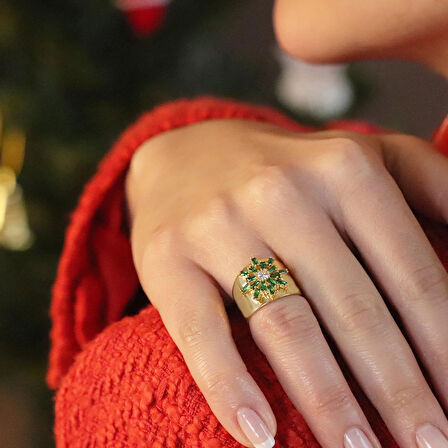 Yeşil Kutup Yıldızı Zirkon Taşlı Gold Kaplama Ayarlanabilir Gümüş Yüzük