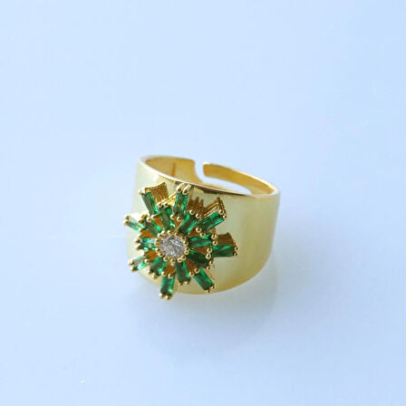 Yeşil Kutup Yıldızı Zirkon Taşlı Gold Kaplama Ayarlanabilir Gümüş Yüzük