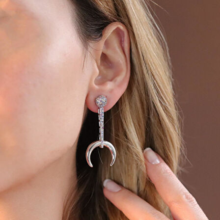 Renkli Zirkon Taşlı Hilal Gümüş Küpe