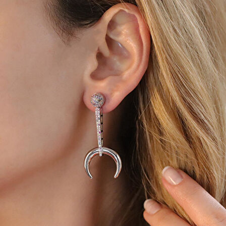 Renkli Zirkon Taşlı Hilal Gümüş Küpe