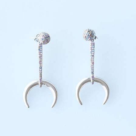 Renkli Zirkon Taşlı Hilal Gümüş Küpe