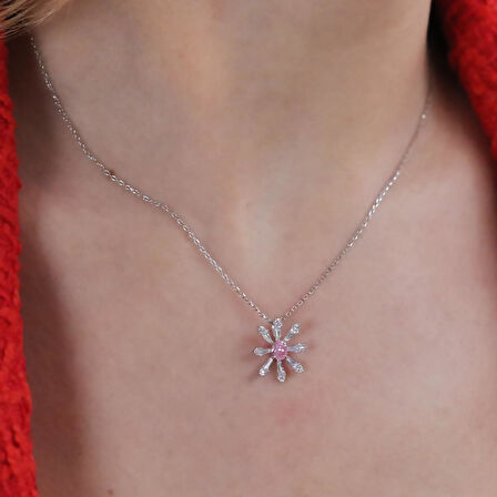 Çiçek Modeli Pembe Taş Detaylı Gümüş Set