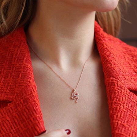 Yılan Modeli Zirkon Taşlı Rose Gold Kaplama Gümüş Kolye