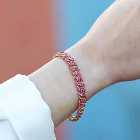 Pembe Zirkon Taş Gold Kaplama Gümüş Gurmet Bileklik