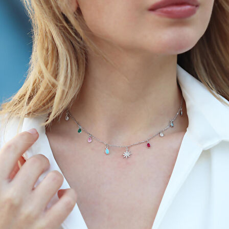 Renkli Damla Taşlı Kutup Yıldızı Detaylı Gümüş Trend Kolye