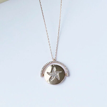 Yıldızlı Çift Taraflı Rose Gold Kaplama Gümüş Kolye