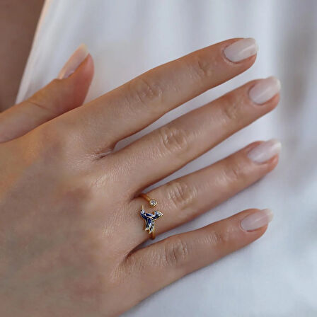 Totem Kuşu Lacivert Mine İşli Gold Kaplama Gümüş Yüzük