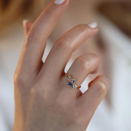 Totem Kuşu Lacivert Mine İşli Gold Kaplama Gümüş Yüzük