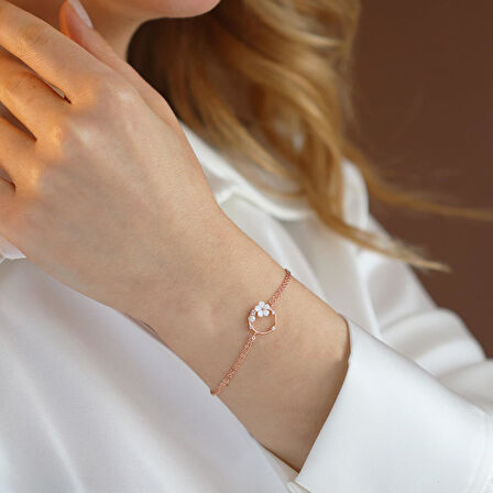 Zambak Çiçeği İnci Detaylı Rose Gold Kaplama Gümüş Bileklik