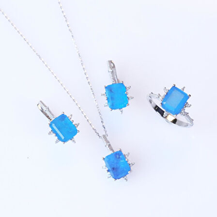 Mavi Paraiba Taşlı Kare Lotus Çiçeği Gümüş Set