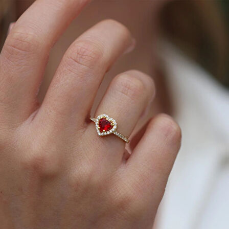 Kalp Pndr Model Kırmızı Zirkon Taşlı Gold Gümüş Yüzük