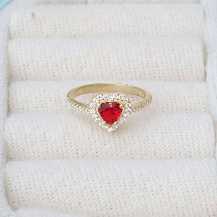 Kalp Pndr Model Kırmızı Zirkon Taşlı Gold Gümüş Yüzük