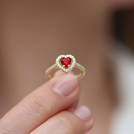 Kalp Pndr Model Kırmızı Zirkon Taşlı Gold Gümüş Yüzük