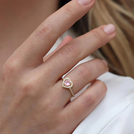 Kalp Pndr Model Pembe Zirkon Taşlı Gold Gümüş Yüzük