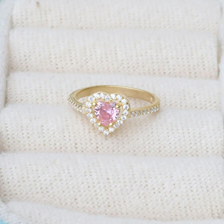 Kalp Pndr Model Pembe Zirkon Taşlı Gold Gümüş Yüzük