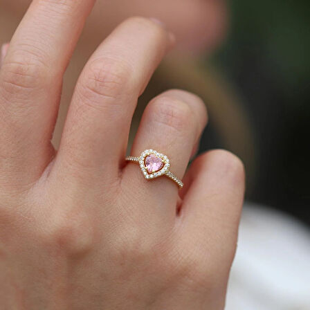 Kalp Pndr Model Pembe Zirkon Taşlı Gold Gümüş Yüzük