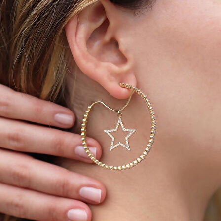 Star Halka Zirkon Taşlı Gold Kaplama Gümüş Küpe