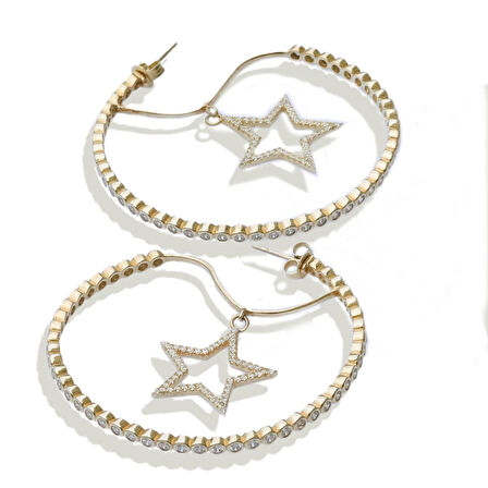 Star Halka Zirkon Taşlı Gold Kaplama Gümüş Küpe