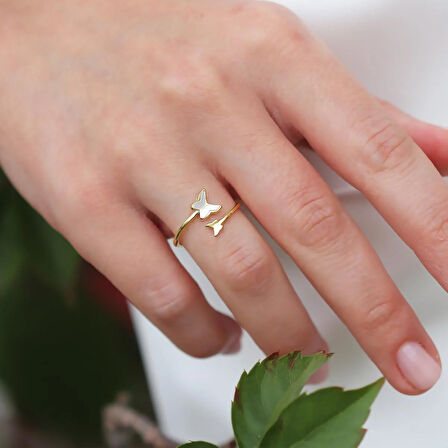 Sedefli Kelebek Gold Kaplama Minimal Yüzük