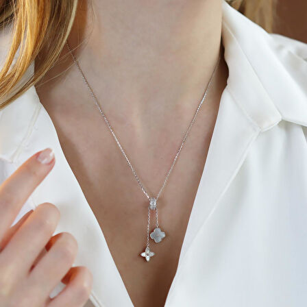 Yonca Sedef Taşlı Sarkıt Gümüş Kolye