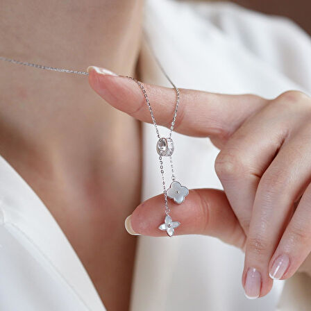 Yonca Sedef Taşlı Sarkıt Gümüş Kolye