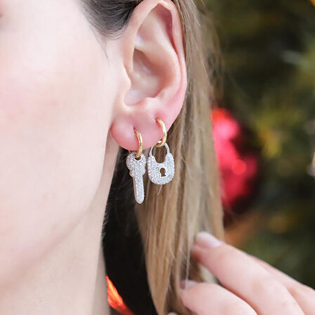 Anahtar Kilit Gold Kaplama Gümüş Küpe