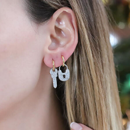 Anahtar Kilit Gold Kaplama Gümüş Küpe