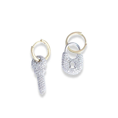 Anahtar Kilit Gold Kaplama Gümüş Küpe