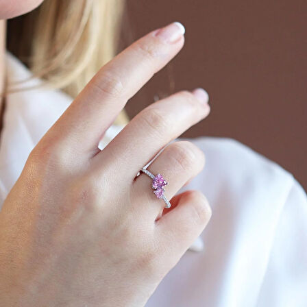 Pndr İki Kalp Pembe Zirkon Taşlı Gümüş Yüzük