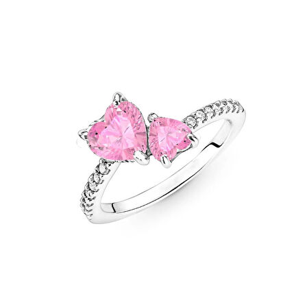 Pndr İki Kalp Pembe Zirkon Taşlı Gümüş Yüzük