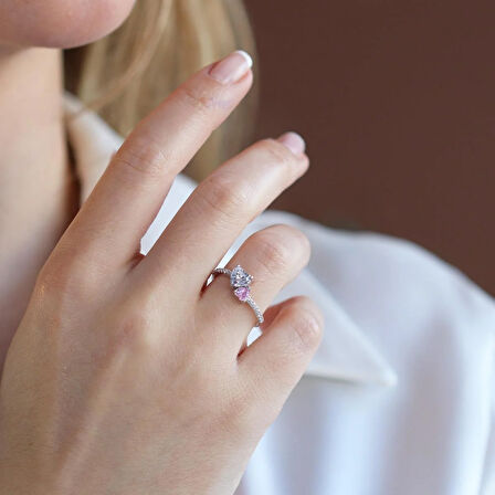 Pndr İki Kalp Pembe Zirkon Taşlı Gümüş Yüzük