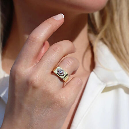 Taşlı Gold Kaplama Gümüş Göz Yüzük