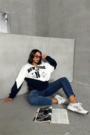 Kadın lacivert fermuarlı New york sweat DPNBG050