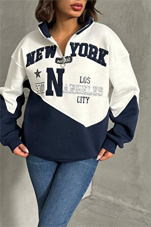 Kadın lacivert fermuarlı New york sweat DPNBG050