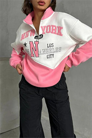 Kadın pembe fermuarlı New york sweat DPNBG050