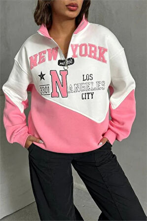 Kadın pembe fermuarlı New york sweat DPNBG050